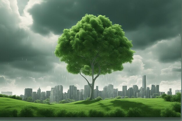 Green landscape and cloudy green city on world environment day