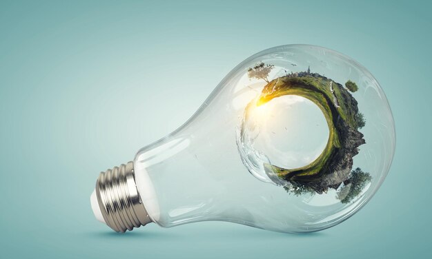 Green landscape inside light bulb. Mixed media