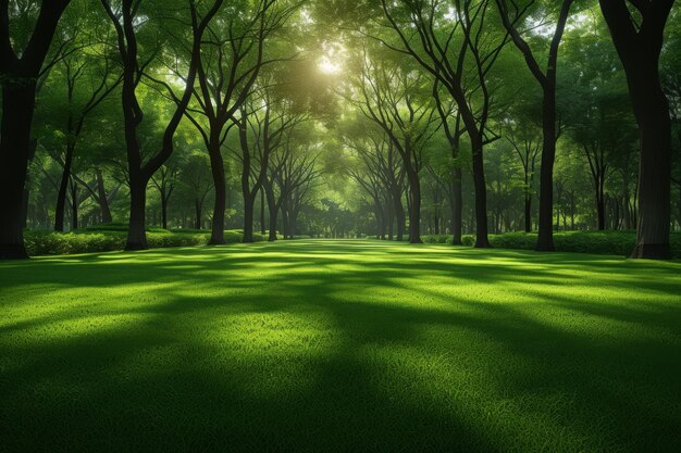 Green landscape of summer natural park sunny forest park with grass warm sun and clouds