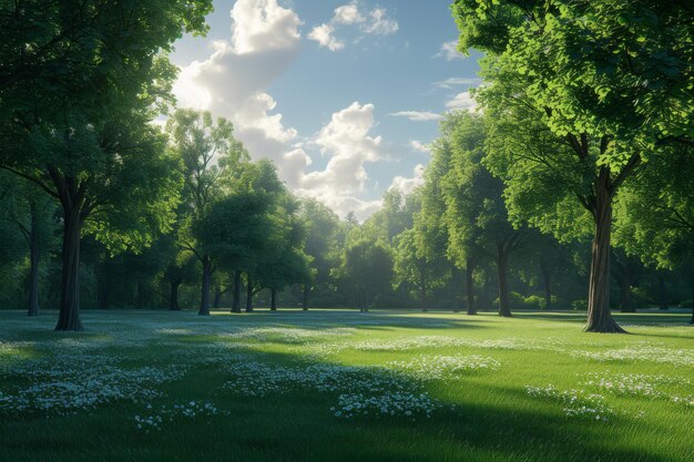 Green landscape of summer natural park sunny forest park with grass warm sun and clouds