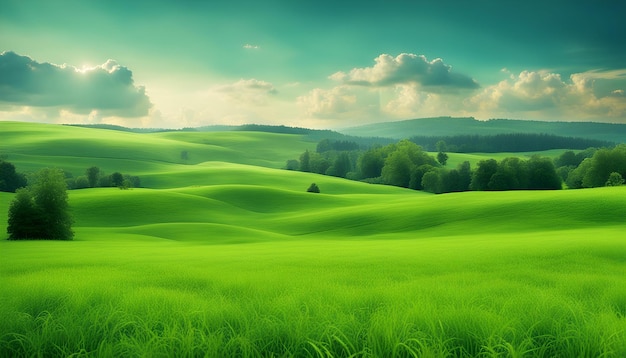 a green landscape with a field of grass and trees