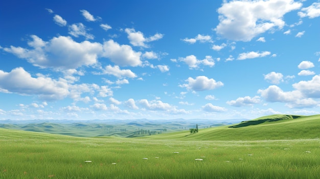 羊の畑と雲の青い空の緑の風景