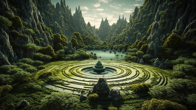 A green landscape with a maze in the middle of a forest.