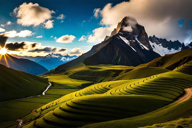 A green landscape with a mountain in the background