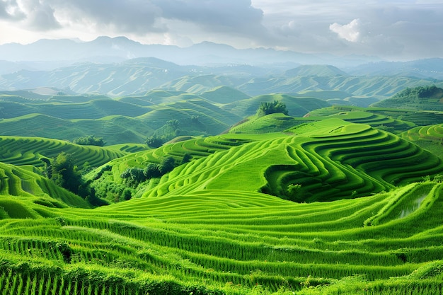 A green landscape with a mountain range in the background and a cloudy sky above it with a few