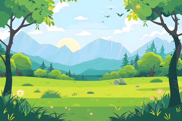 Photo a green landscape with a mountain view and a field with trees and mountains