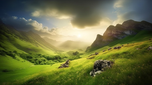 산과 흐린 하늘이 있는 녹색 풍경