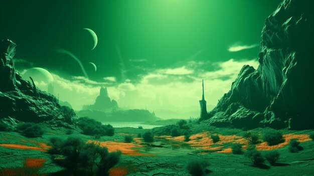 A green landscape with a planet in the middle and a planet in the middle.