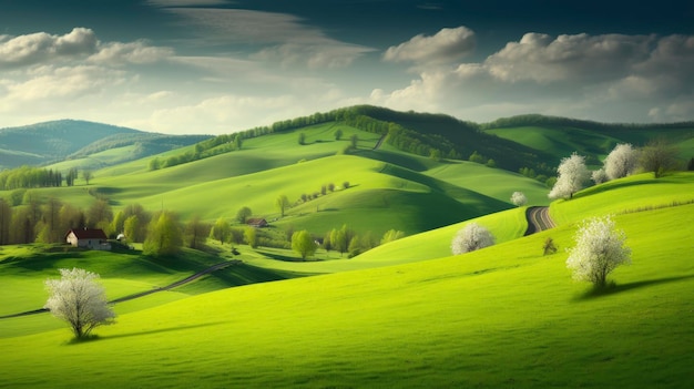 A green landscape with a tree in the foreground and mountains in the background