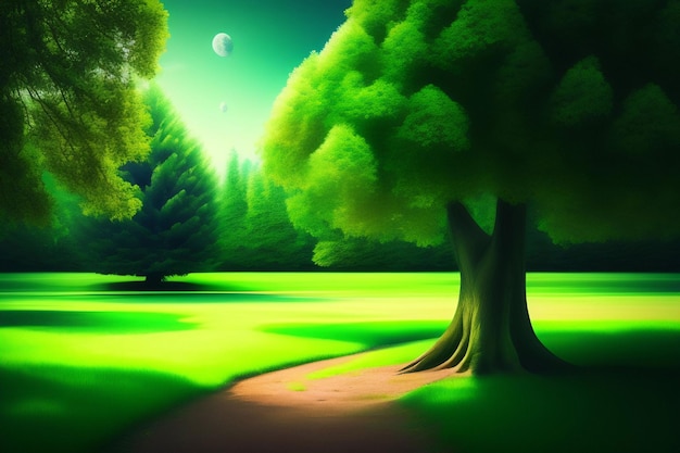 A green landscape with a tree and the moon in the background.