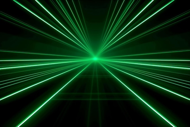 Green laser lines are shown in a dark room.