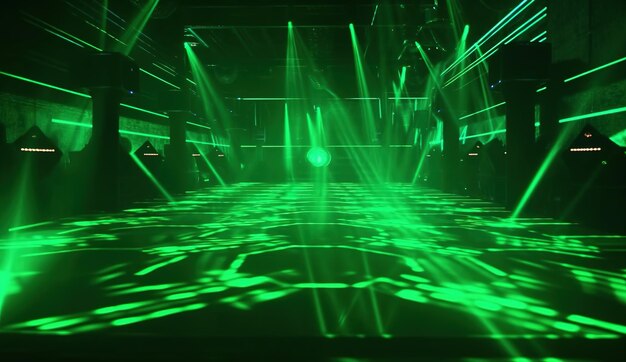 A green laser show with green lights on the floor