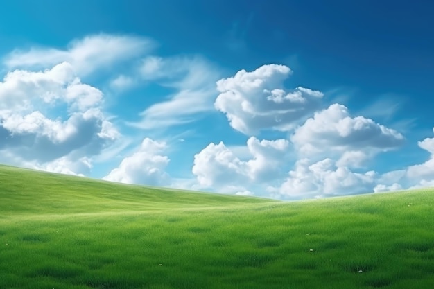 Green lawn under blue sky and white clouds