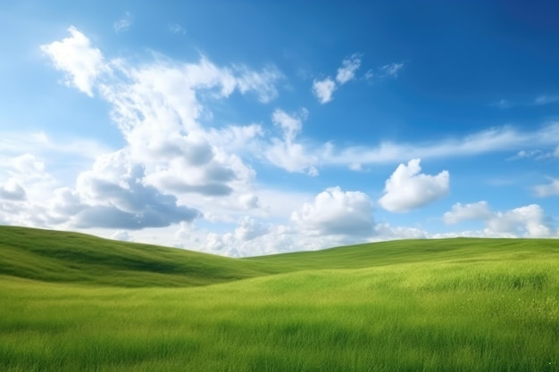 Зеленая лужайка под голубым небом и белыми облаками