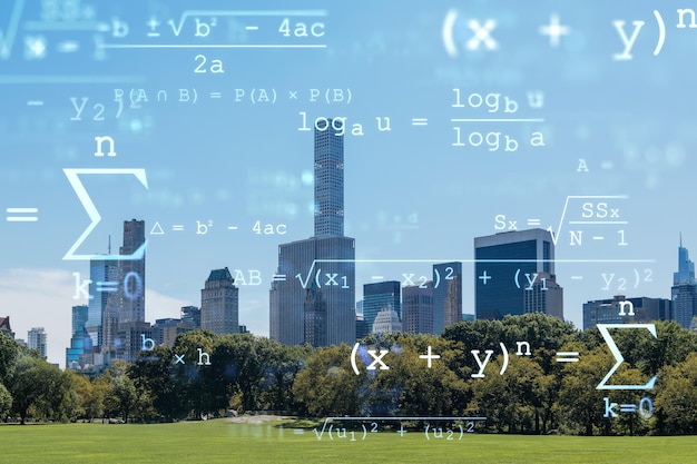 Green lawn at Central Park and Midtown Manhattan skyline skyscrapers at day time New York City USA Technologies and education concept Academic research top ranking university hologram