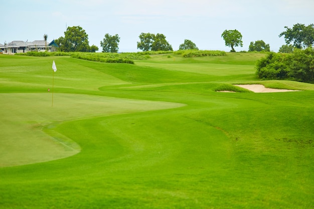 Зеленая лужайка – рельефное поле для гольфа В местном гольф-клубе