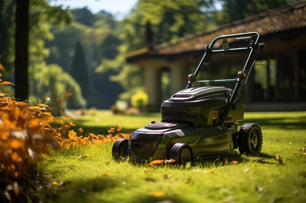 a green lawn mower in the garden