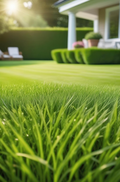 Green lawn on a sunny day on the backyard Vertical orientation Selective focus