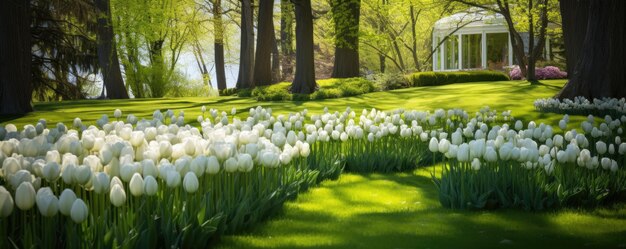 Green lawn surrounded by white tulips in city park Generative ai