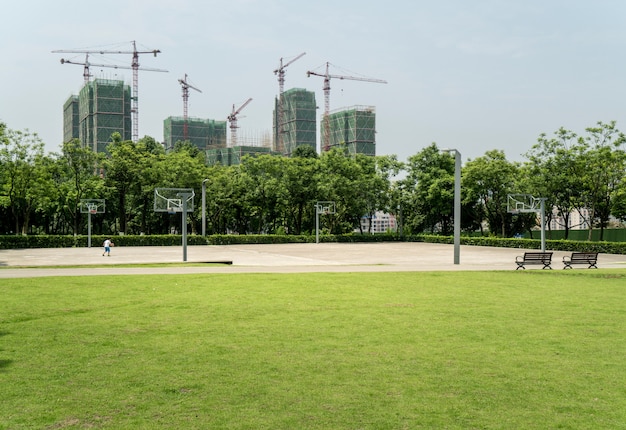 Green lawn in urban public park