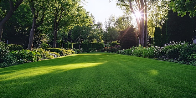 a green lawn with a sun shining through the trees