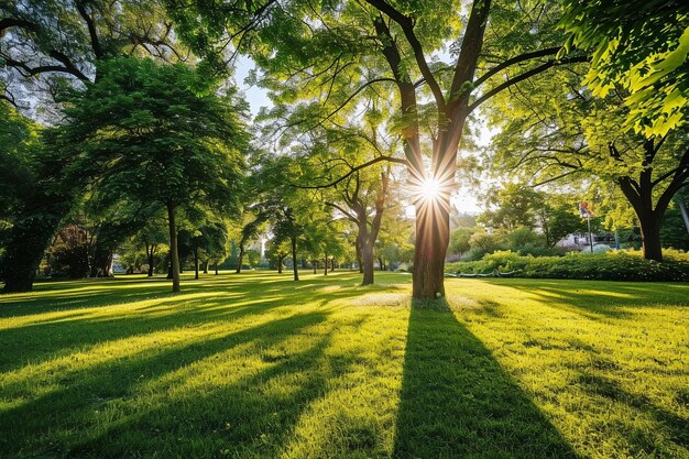 Green lawn with trees in park under sunny light