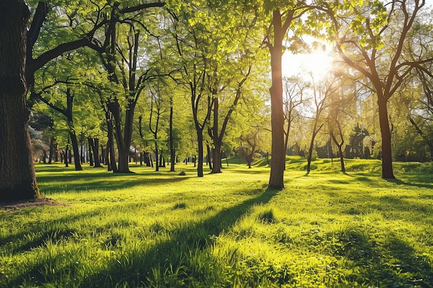 Green lawn with trees in park under sunny light