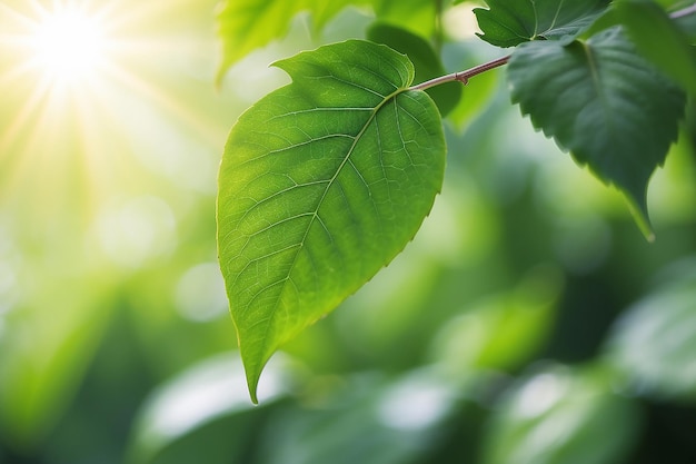 緑色の緑の背景に緑の葉 太陽の光に美しい葉の質感 背景に自然の緑の植物 景観の生態学 テキストの空きスペースを持つ近距離の自然景色 緑の背景