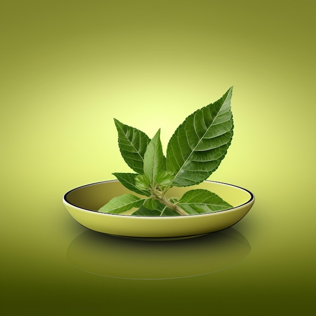 a green leaf in a bowl on a yellow background