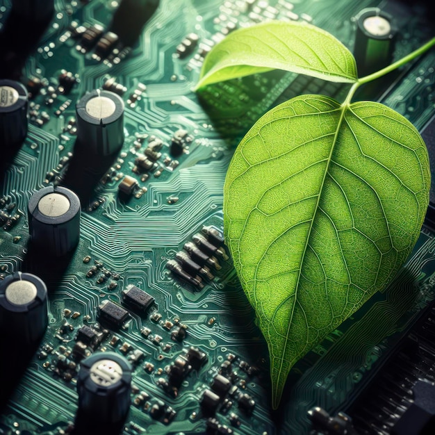 Green leaf over circuit board technology and sustainability concept ai generative