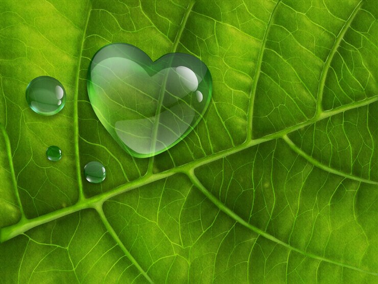 Photo green leaf closeup with drops of water in the form of heart