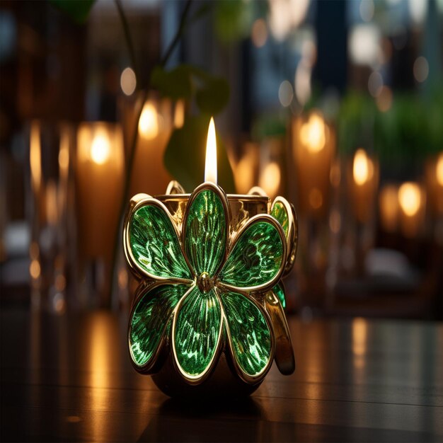 Photo a green leaf clover is lit up on a table