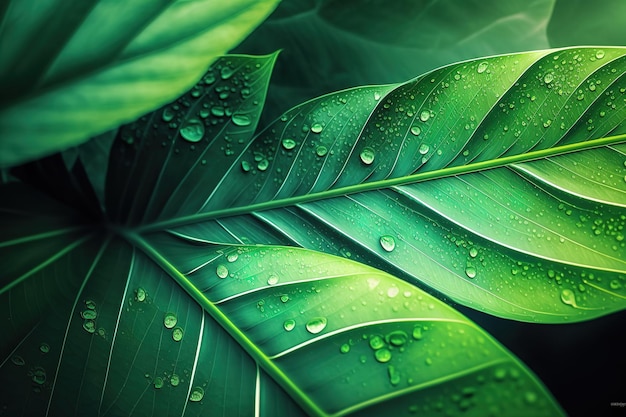 Зеленый лист, покрытый утренней расой или каплями дождя AI