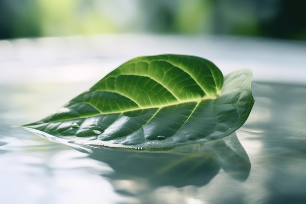 A green leaf floating in a pool of water