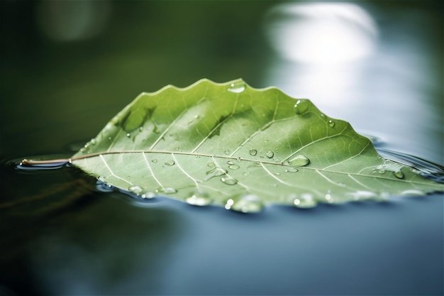 Green leaf floats in dark water AI generated content