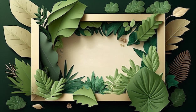 Green leaf frame mockup in paper craft style Generative AI