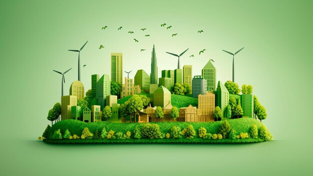 Green leaf image in the paper art style with trees city building silhouettes windmills and solar panels the conservation of ecology generative ai