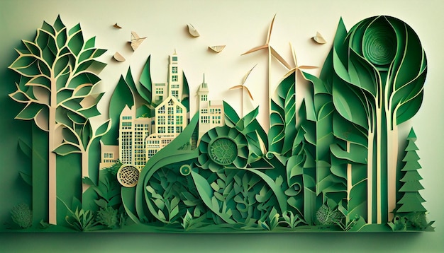 Green leaf image in the paper art style with trees city building silhouettes windmills and solar panels the conservation of ecology a green energy idea Generative Ai