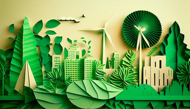나무 도시 건물 실루엣 풍차와 태양 전지판이 있는 종이 아트 스타일의 녹색 잎 이미지 생태 보존 녹색 에너지 아이디어 Generative Ai