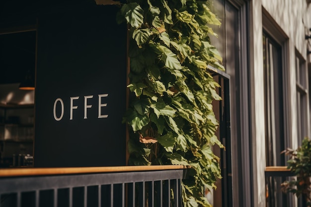 사진 커피 카페 앞의 녹색 잎이 흐릿한 배경