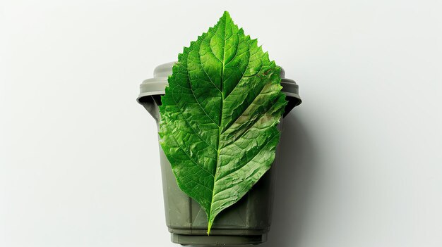 A green leaf is placed on a gray trash can The leaf is a symbol of life and hope while the trash can is a symbol of waste and pollution