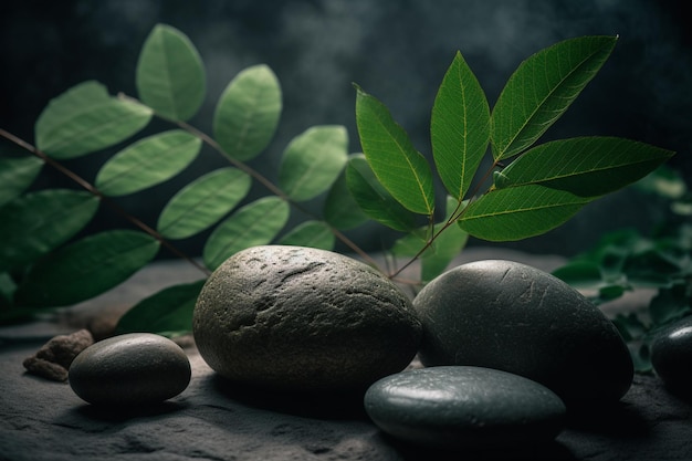 A green leaf is next to a stones on a dark background