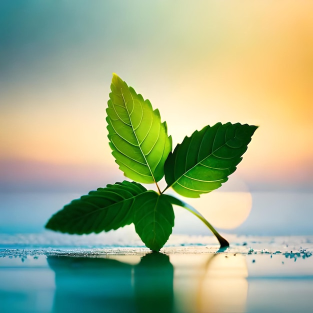 A green leaf is in the water with the sun behind it