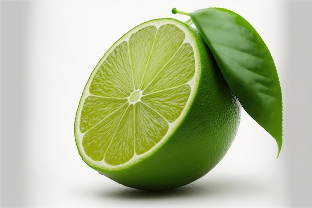 Green leaf lying on juicy cut half of lime on white