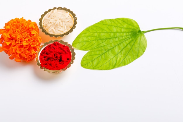 Green leaf and marigold flower