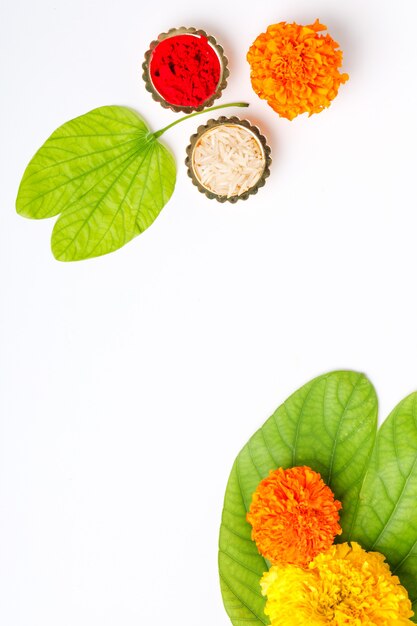 Green leaf and marigold flower