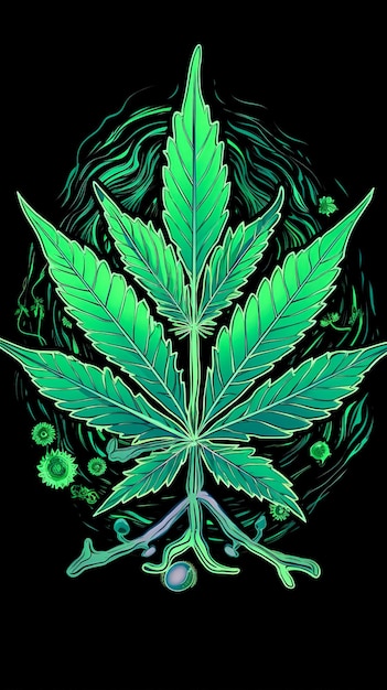 검정색 배경 생성 AI에 마리화나의 녹색 잎