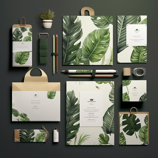 Photo green leaf mockup stationery collection design