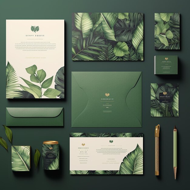 Photo green leaf mockup stationery collection design