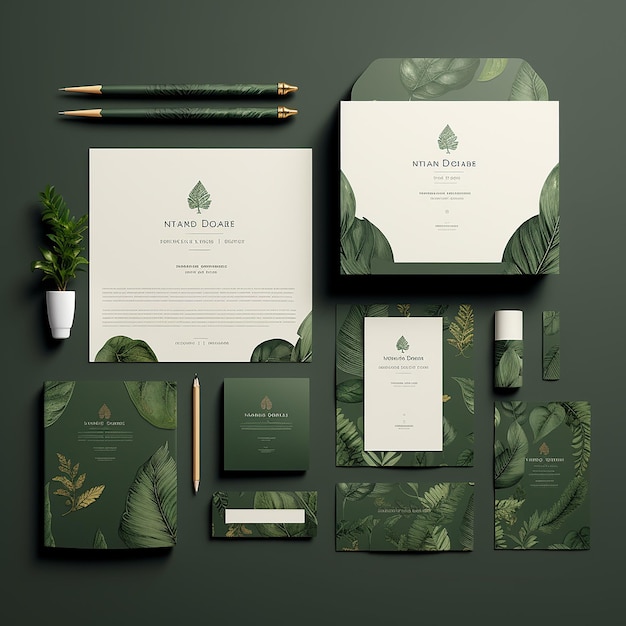 Photo green leaf mockup stationery collection design